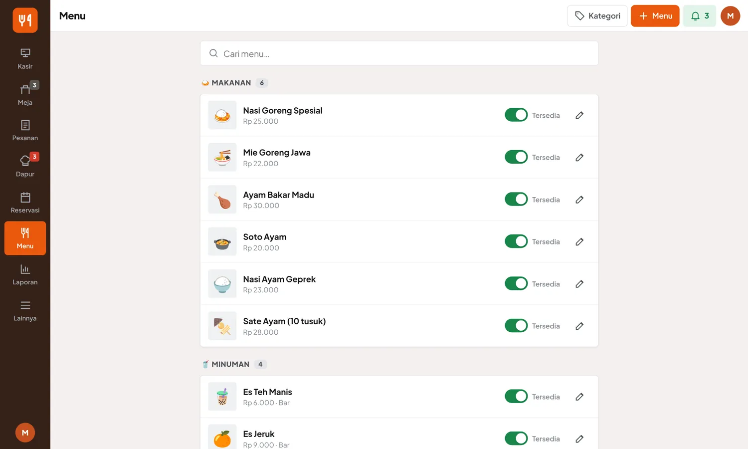 Daftar menu