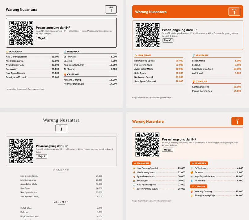 Menu meja dengan QR dalam 4 gaya